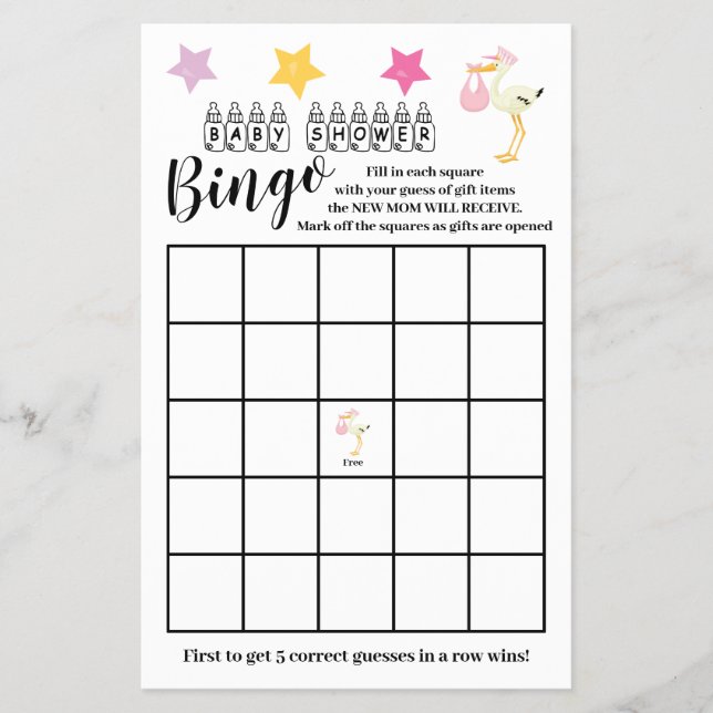 Babydusche Bingo Pink Stork Girl Game Card Flyer (Vorne)