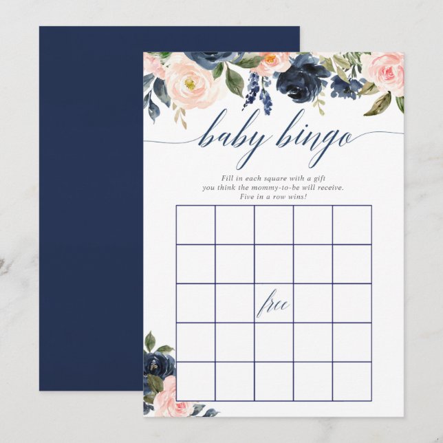 Babydusche Bingo Spiel Blush Pink blauen Blüte Einladung (Vorne/Hinten)