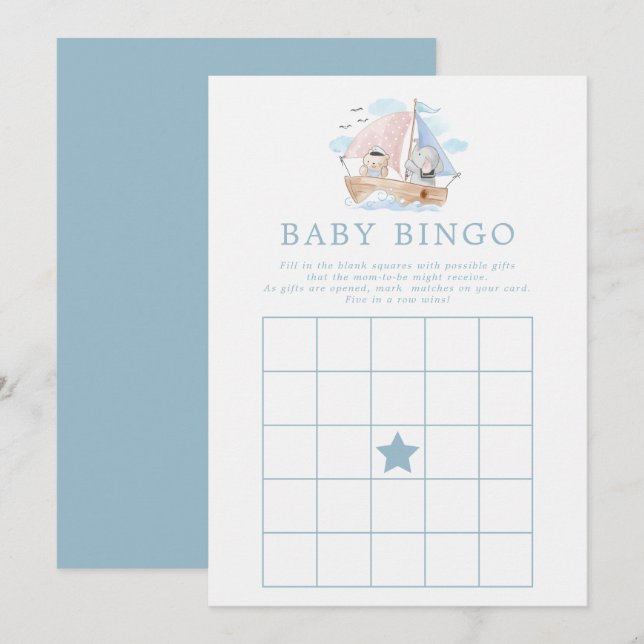 Babydusche Bingo-Spiel für Nautic Elephant Bear Bo Einladung (Vorne/Hinten)