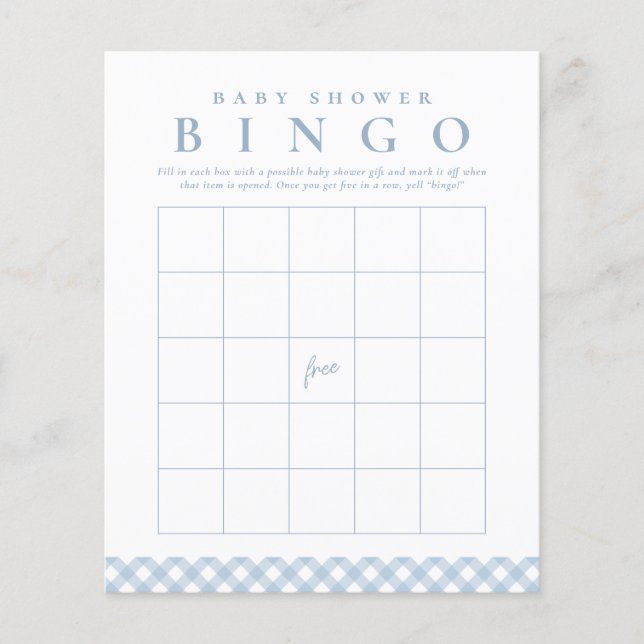 Babydusche-Bingo-Spiel mit niedlichem blauem Gingh (Vorderseite)