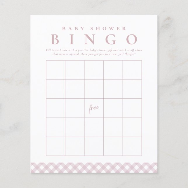 Babydusche-Bingo-Spiel mit niedlichem rosa Gingham (Vorderseite)