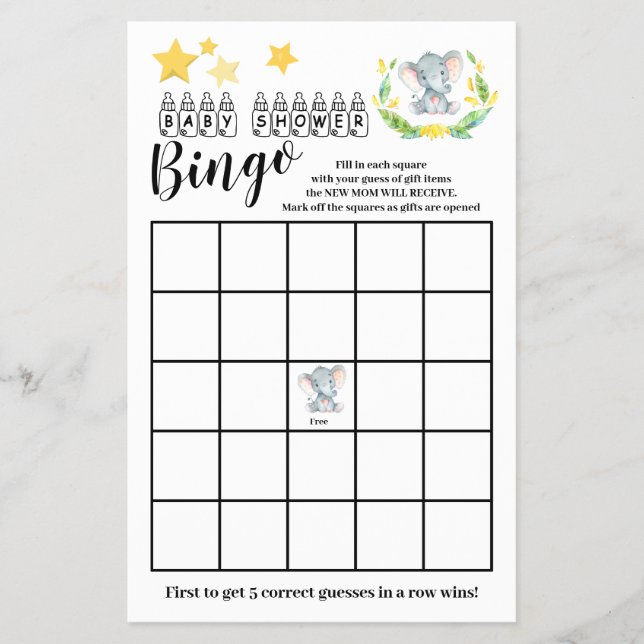 Babydusche Bingo Sweet Elephant Game Card Flyer (Vorne)