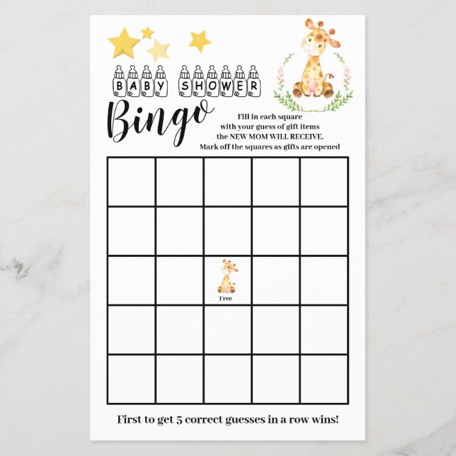 Babydusche Bingo Sweet Giraffe Game Card Flyer (Vorne)