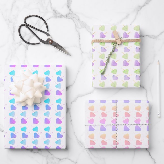 Babydusche blau, Lila, grün, rosa Herz Geschenkpapier Set (Vorderseite)