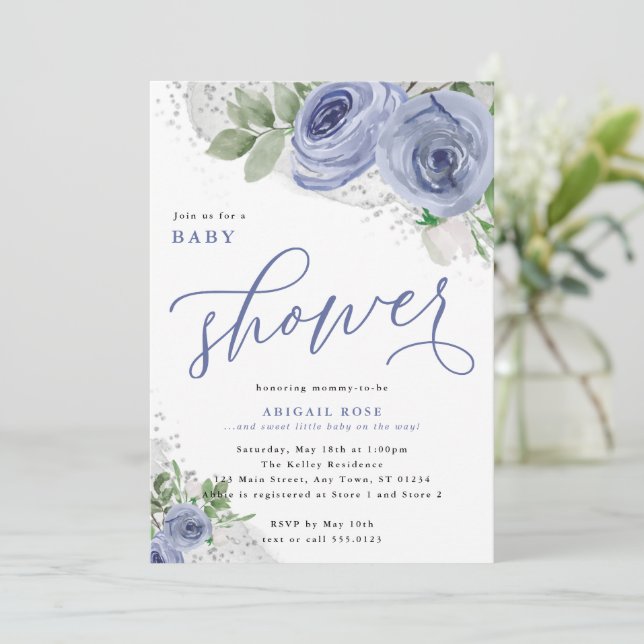 Babydusche, Blau- und Silberfarben-Blume Einladung (Stehend Vorderseite)