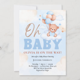 Babydusche, blau, wir können warten, Teddybär Einladung