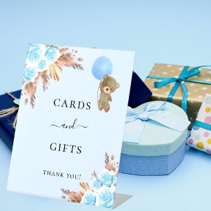 Babydusche blaue Teddy Pampas Gras Karten Geschenk Sockelschild