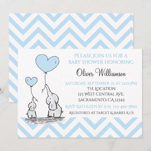 Babydusche Blue Baby Elephant mit Herz Custom Einladung (Vorne/Hinten)