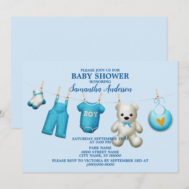 Babydusche Blue Boys Schöne Elegant Einladung (Vorne/Hinten)