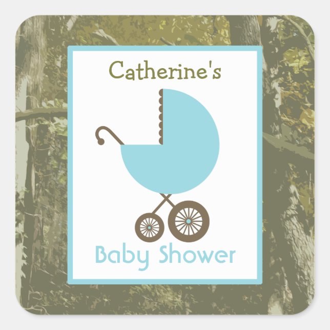 Babydusche Blue Carriage & Camouflage Quadratischer Aufkleber (Vorderseite)