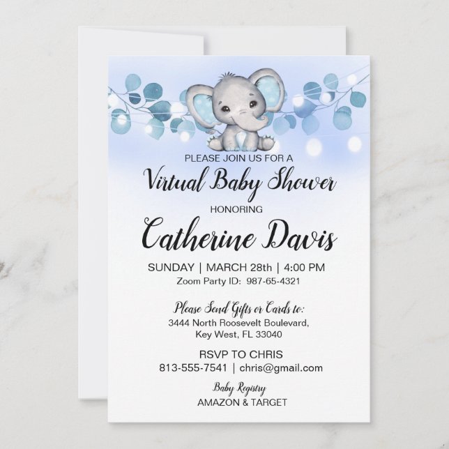 Babydusche BLUE ELEPHANT Themenjunge Einladung (Vorderseite)