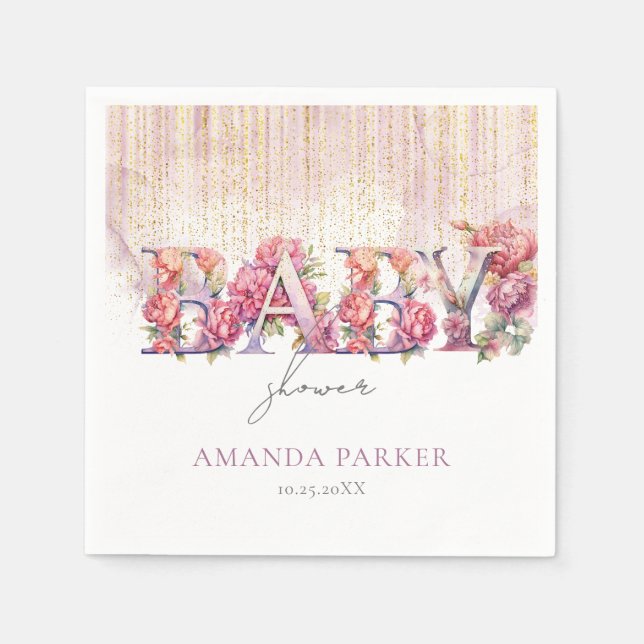 Babydusche Blumenbriefe Pink Gold Personalisiert Serviette (Vorderseite)
