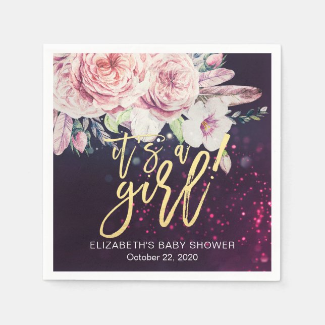Babydusche Boho Blumenzather Lila Bokeh Light Serviette (Vorderseite)