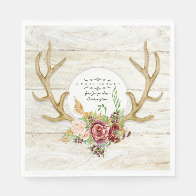 Babydusche Boho Blush Burgundy Rose Deer Antlers Serviette (Vorderseite)