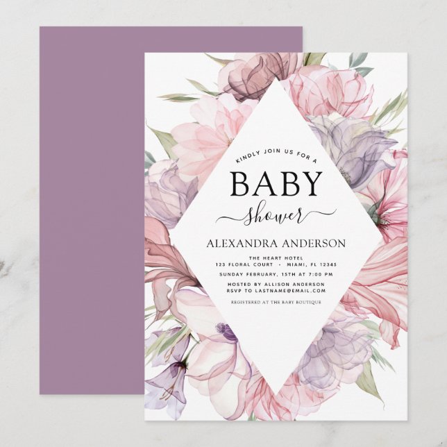 Babydusche Boho Dusty Pink Lila Einladung (Vorne/Hinten)