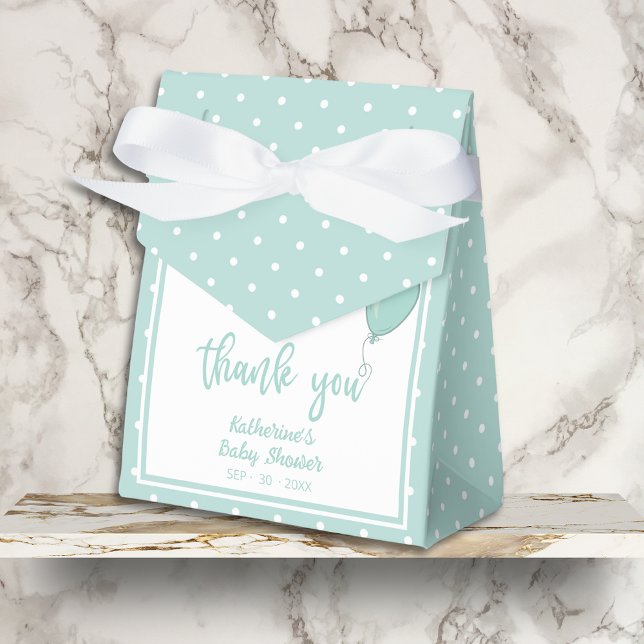 Babydusche BOHO Gender Neutral Mint Green Geschenkschachtel (Baby Shower Thank You Favor Box with Bow, Mint Green Polka Dots, Balloon, Mom's Name, Date.)