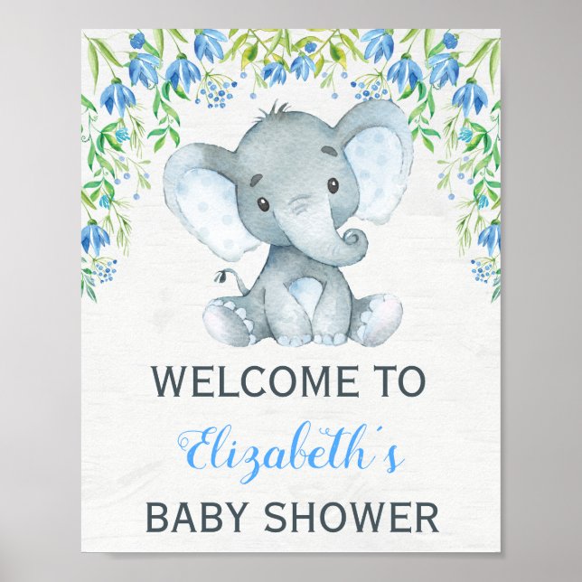 Babydusche Boy Elephant Begrüßung Schild Blue Flor (Vorne)