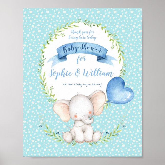 Babydusche Boy Elephant Begrüßungszeichen Blau Poster (Vorne)