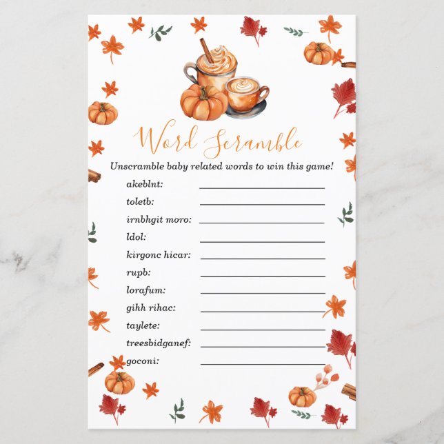 Babydusche Brauen Pumpkin Gewürz Word Scramble (Vorderseite)