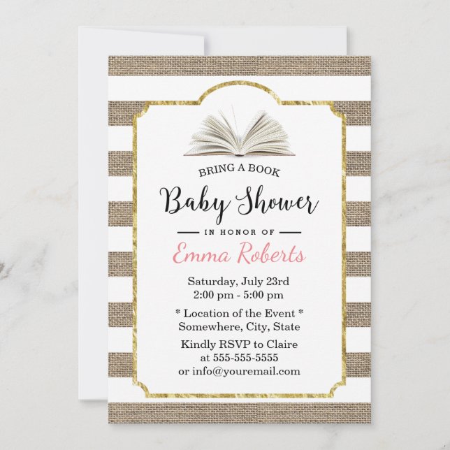 Babydusche bringen Burlap Stripes zum Buchen Einladung (Vorderseite)