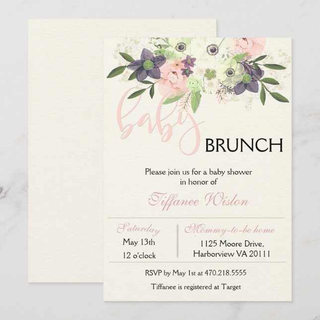 Babydusche Brunch Einladung Blumenrosa Girl (Vorne/Hinten)