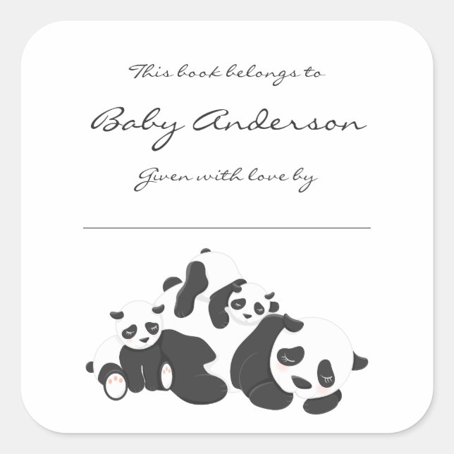 Babydusche/Buchzeichen/Pandas, geschlechtsneutral Quadratischer Aufkleber (Vorderseite)