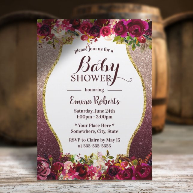 Babydusche Burgundy Floral Moderne Rose Gold Einladung (Von Creator hochgeladen)
