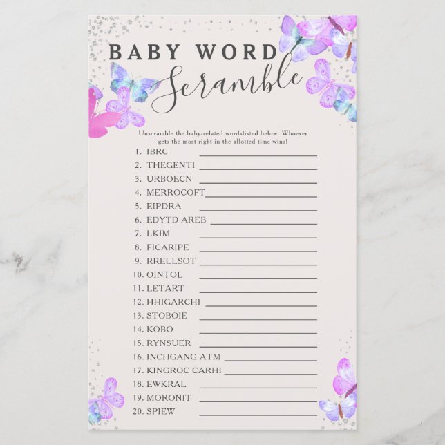 Babydusche Butterfly Baby Word Scramble Game (Vorderseite)