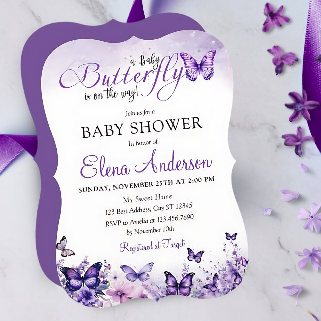 Babydusche Butterfly Elegantes Lila Blumenmuster Einladung (Von Creator hochgeladen)