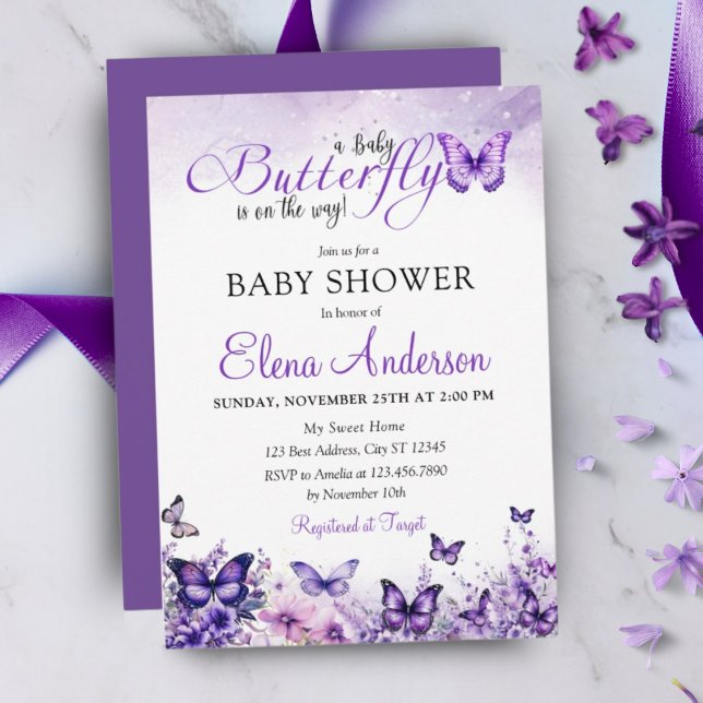 Babydusche Butterfly Elegantes Lila Blumenmuster Einladung (Von Creator hochgeladen)