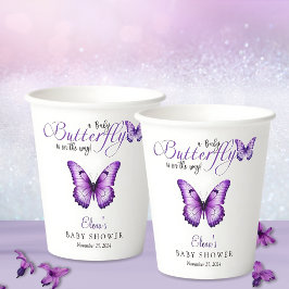 Babydusche Butterfly Elegantes Lila Blumenmuster Pappbecher