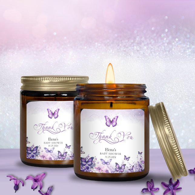 Babydusche Butterfly Elegantes Lila Blumenmuster Quadratischer Aufkleber (Von Creator hochgeladen)