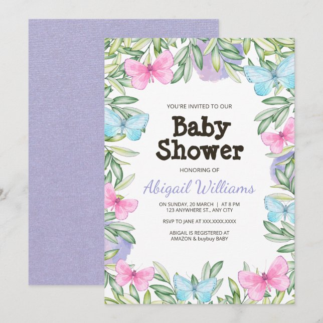 Babydusche Butterfly Garden Einladung (Vorne/Hinten)