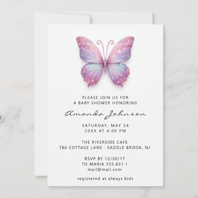 Babydusche Butterfly Girl Rose Holograph Pink Einladung (Vorderseite)