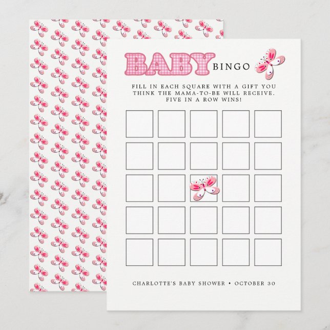 Babydusche Butterfly Pink Baby Girl Bingo Card Einladung (Vorne/Hinten)