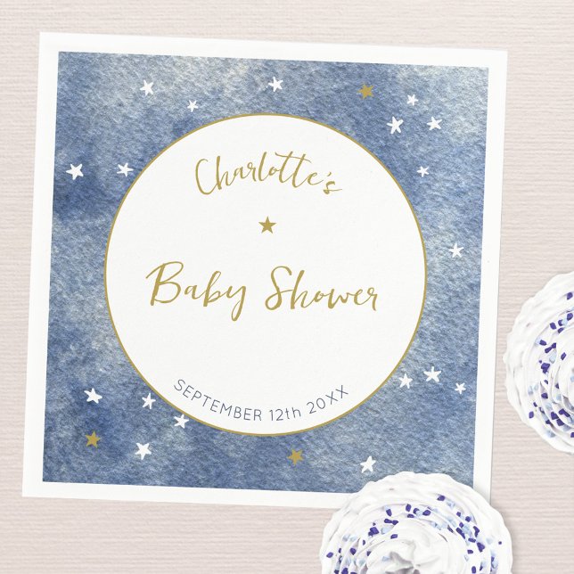 Babydusche Celestial Star Watercolor Personalisier Serviette (Watercolor star navy blue gold and white personalized baby shower party paper napkins)