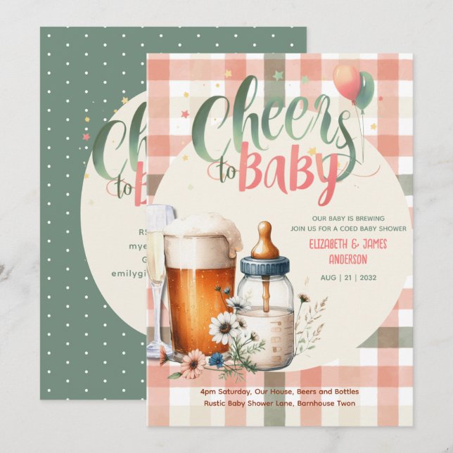 Babydusche Chef Flaschen Bier Pfirsichbeutel COED Einladung (Vorne/Hinten)