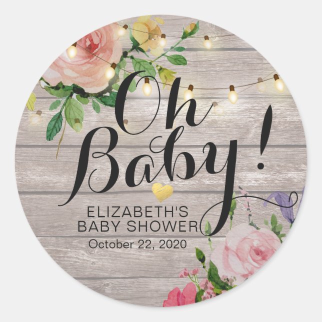 Babydusche Chic Blume Rustikale Holzsäulenleuchten Runder Aufkleber (Vorderseite)