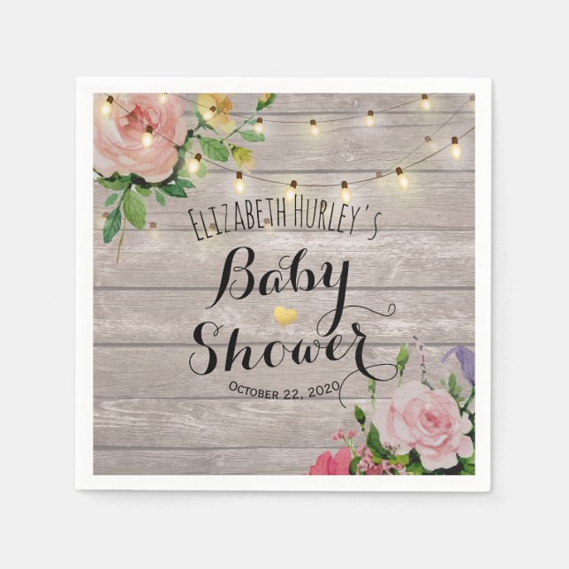 Babydusche Chic Blume Rustikale Holzsäulenleuchten Serviette (Vorderseite)