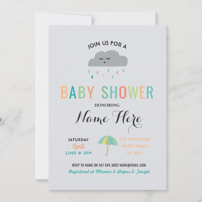 Babydusche Cloud Sprinkle Umbrella Gender-Studie Einladung (Vorderseite)