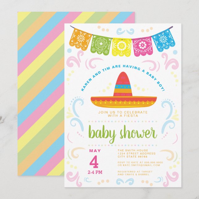 Babydusche Colorful May FIESTA Einladung (Vorne/Hinten)