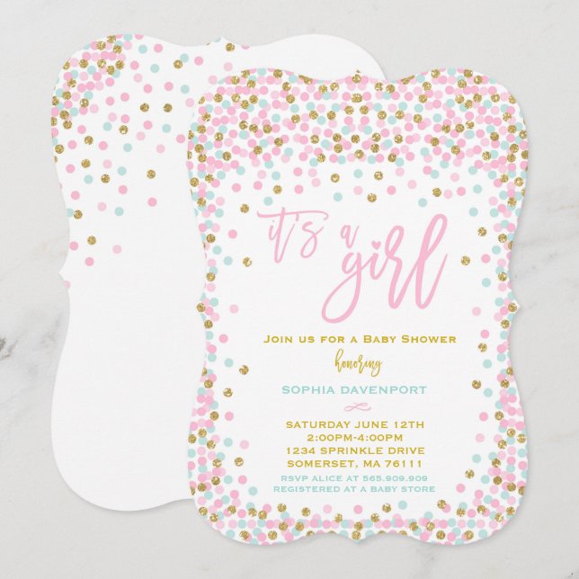 Babydusche Confetti Einladung Rosa Minze und Gold (Vorne/Hinten)