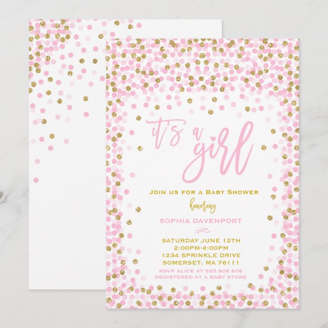 Babydusche Confetti Einladung Rosa und Gold Girl (Vorne/Hinten)