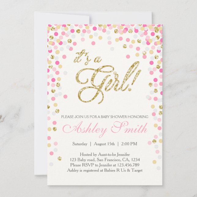 Babydusche Confetti Pink Gold Glitzer Einladung (Vorderseite)