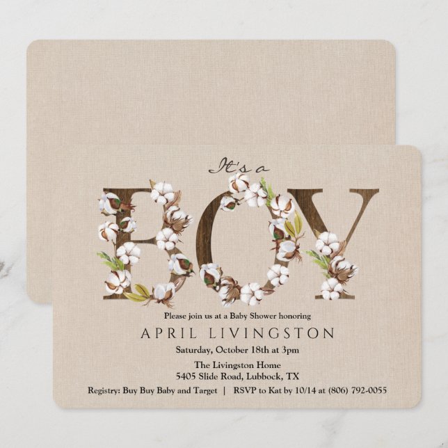 Babydusche Cotton Alphabet Einladung (Vorne/Hinten)