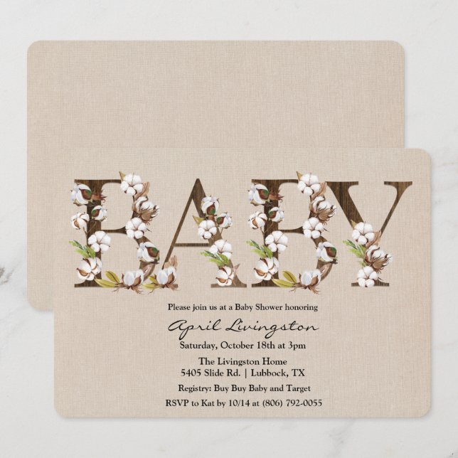 Babydusche Cotton Alphabet Einladung (Vorne/Hinten)