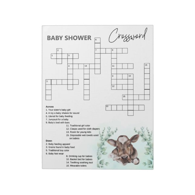 Babydusche Crossword Kuh Calf Game Notizblock (Rotiert)