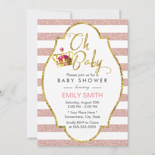 Babydusche Crown Gold & Pink Moderne Streifen Einladung (Vorderseite)
