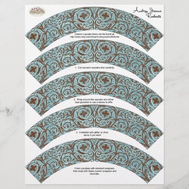 Babydusche Cupcake Wrappers - Blue Brown Damask (Vorderseite)