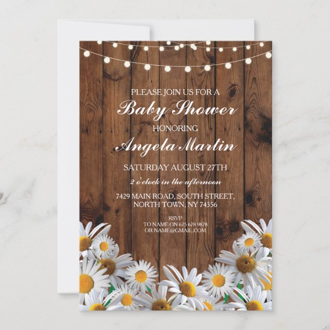 Babydusche Daisy Wood Rustic Lights Floral Einladu Einladung (Vorderseite)